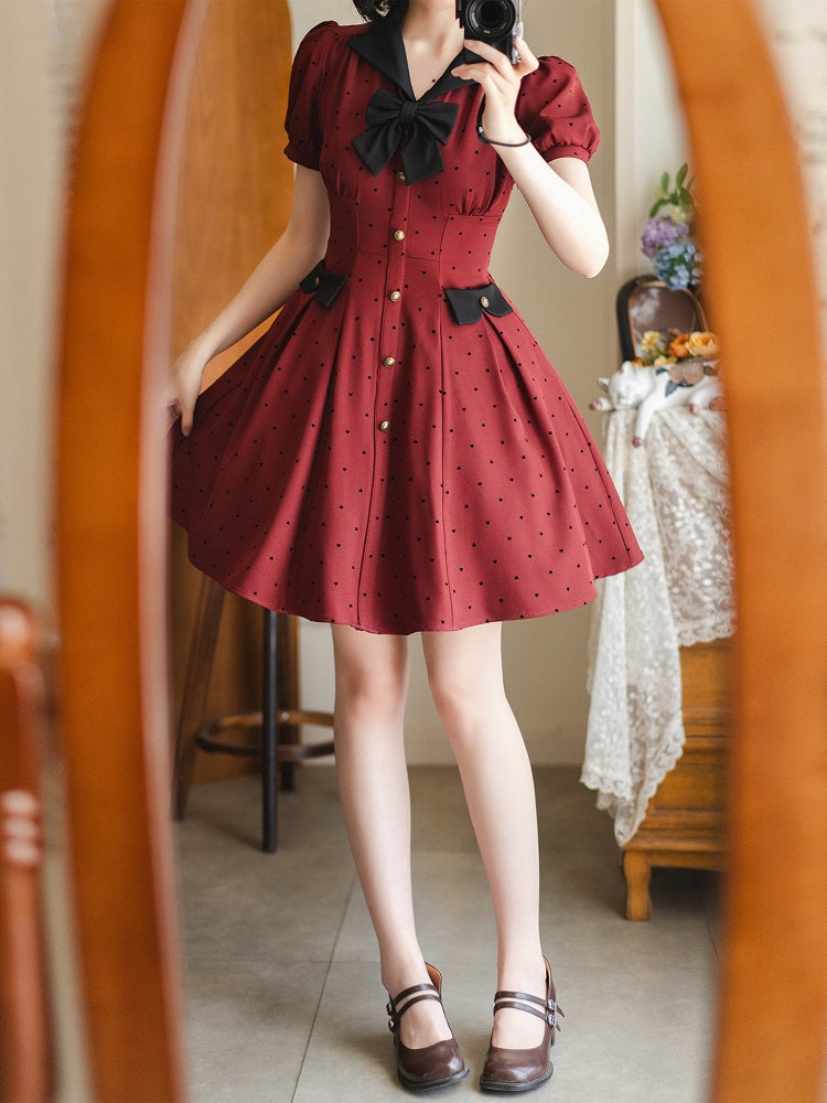 Muster Herzförmige Kleine Kleid Retro Puff Rote Ärmel Mode Schwarz