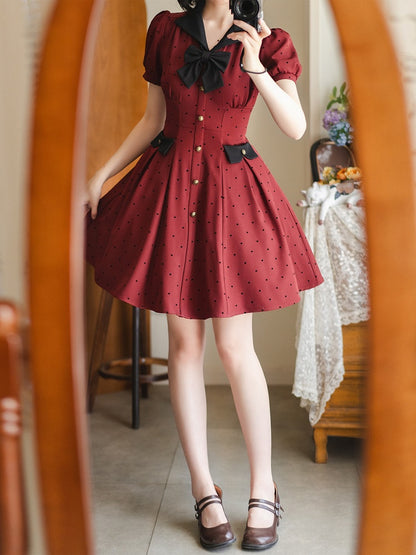 Muster Herzförmige Kleine Kleid Retro Puff Rote Ärmel Mode Schwarz