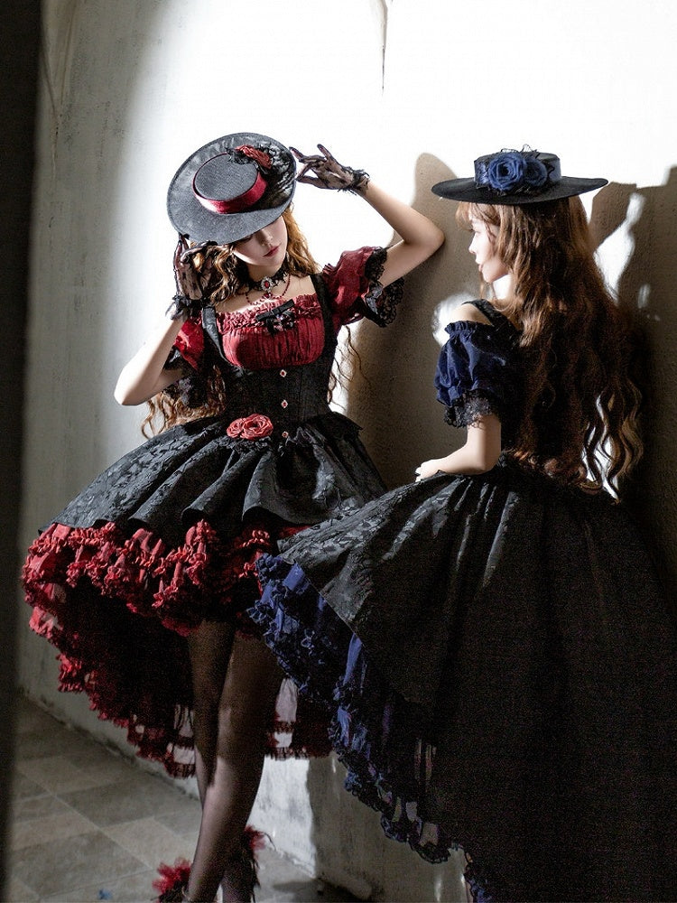 Gothic Underbust JSK Dress with Off-Shoulder Blouse, Dark Blue & Black, High-Low Skirt - Sheer Ocean