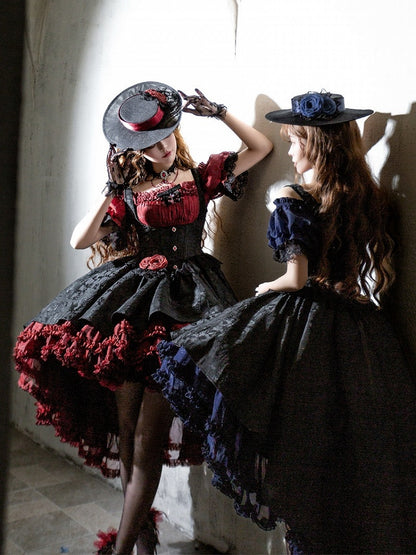 Gothic Underbust JSK Dress with Off-Shoulder Blouse, Red & Black, High-Low Skirt - Sheer Ocean