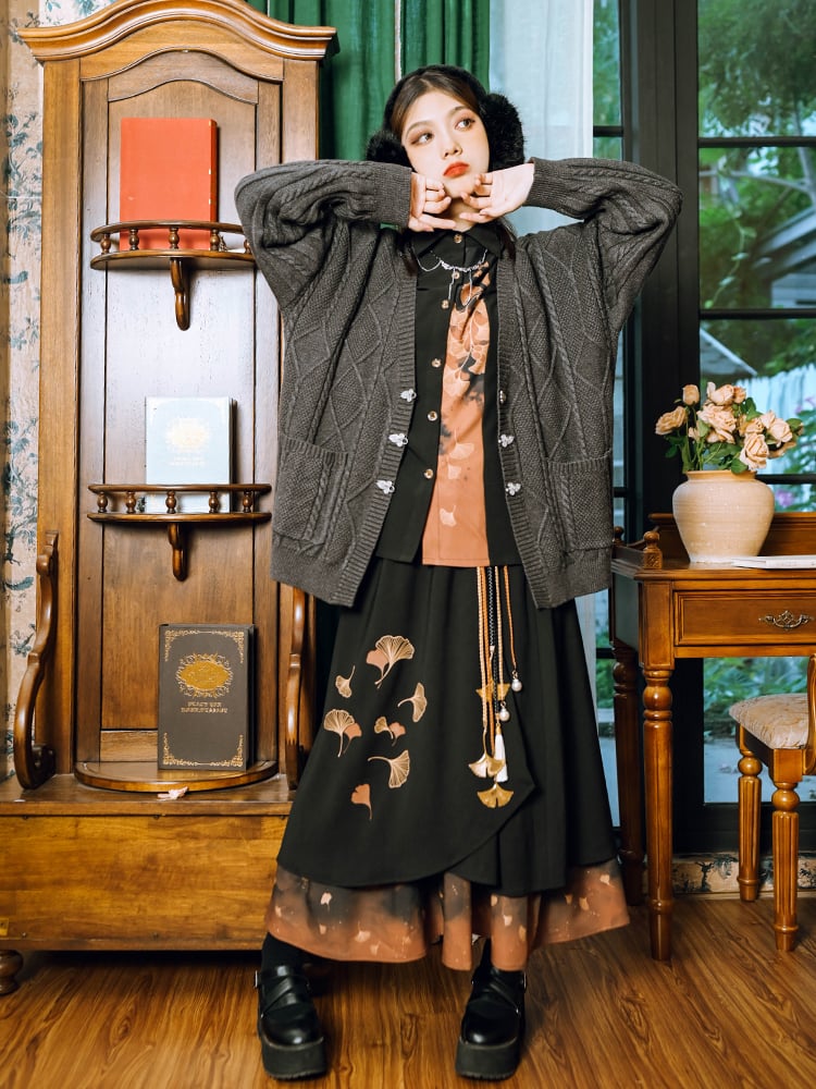 Placket Shirt Ginkgo Panel Orange Cheongsam Button-Down Black Gothic with