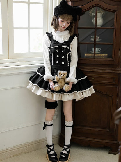 Tiered Ruffle Overall Sweet Dress Black Hem and Shoulder with Straps Lolita Bow