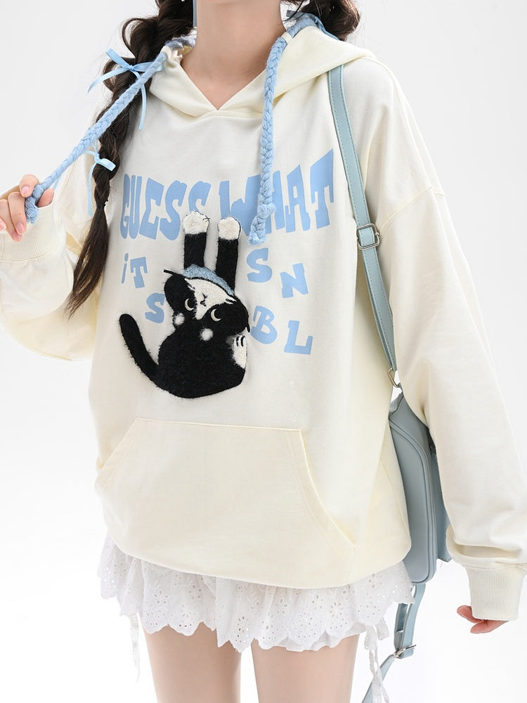 Printed Hoodie Loose Kitty Applique Beige