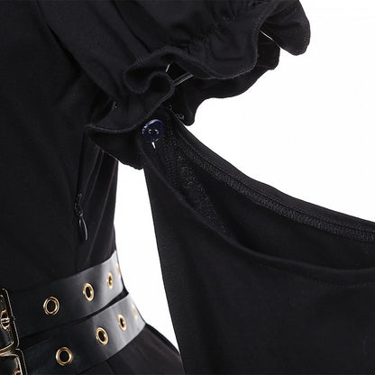 ジライケイ ブラック 取り外し可能な袖 バックルストラップ ウエスト ランドマインスタイル ドレス