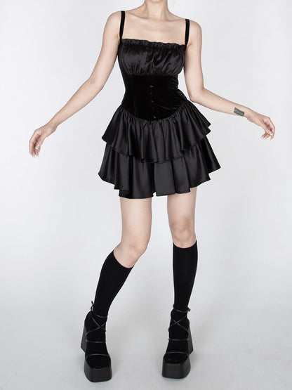 Gothic Schwarzer Stufenrock Vintage Cami Kleid
