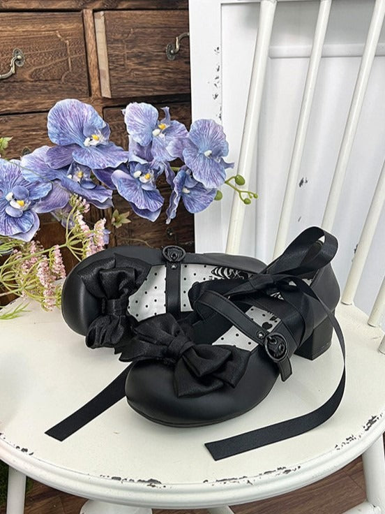 Black Ballet Style Bowknot Lace-up Straps Lolita Shoes - Round Toe & 4.5cm Heel - MODO