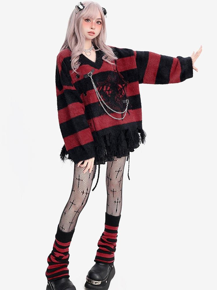 Y2K ブラック＆レッド スパイダーウェブ柄 ディストレストリム Vネック ストライプ セーター バックルストラップ チェーン付き