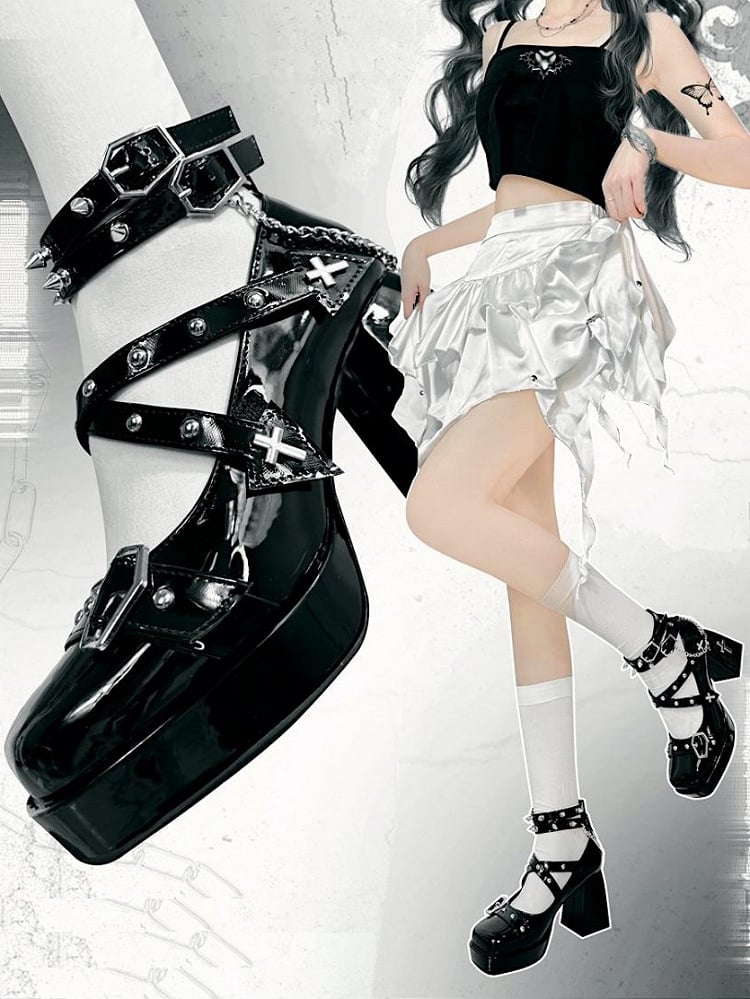 Studs Polished High-heel Cross Black Shoes And Toe Embellished Punk - Velcro Square