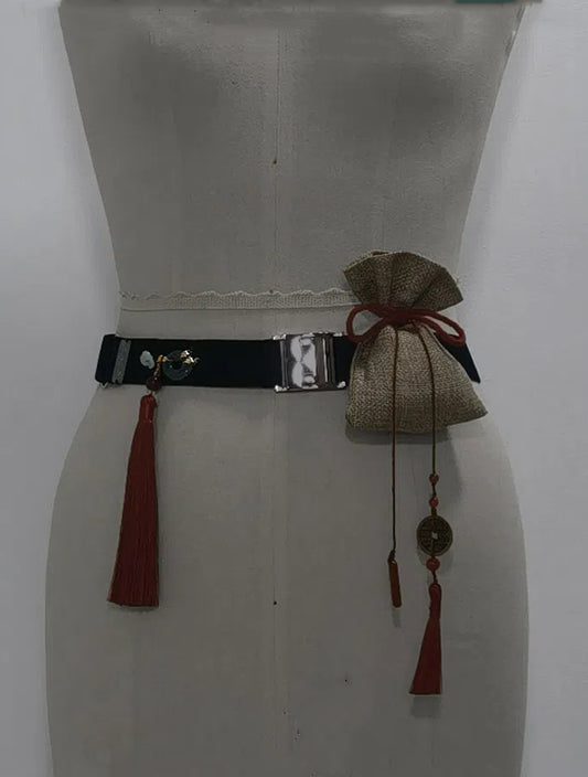 タッセル付きレッドブラックスモールバッグベルト