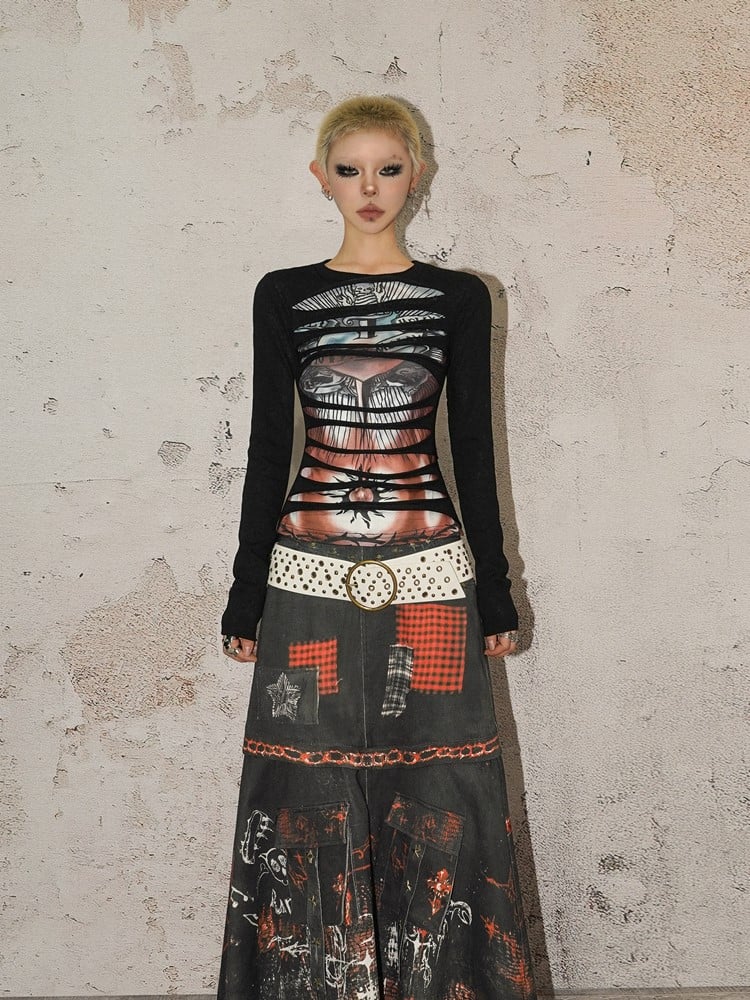 T-shirt Cutouts Horizontal Gothic Rock Sleeves Black Long with