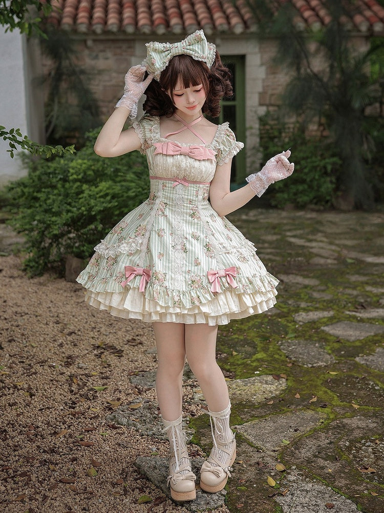 Striped Lace Dress with Floral Print in Green and Pink - With PUJI