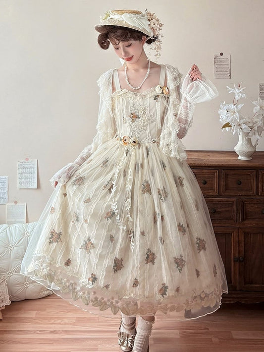 Apricot Floral Embroidered Lace Elegant Classic Lolita JSK Dress With Overlay