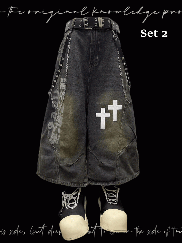 Dunkelblaue Jeans mit weitem Bein, verblasste Waschung, Kreuzapplikationen, Distressed