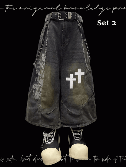 Blue Dark Wide-Leg Jeans Faded Wash Cross Appliques Distressed