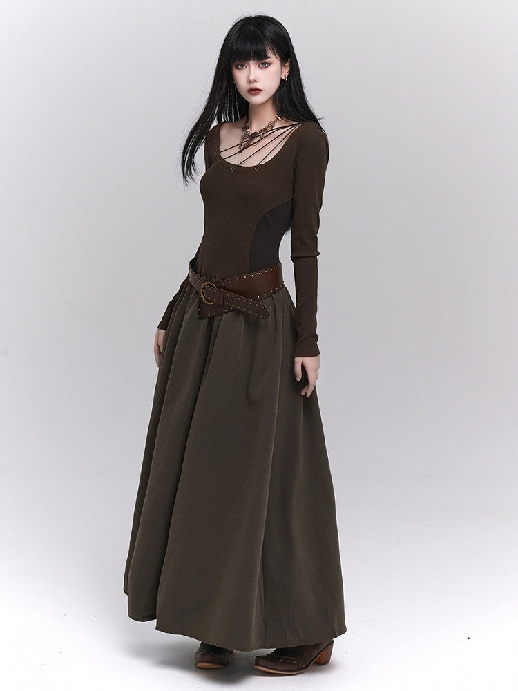 A-Line Maxi Eyelets Pockets with Coffee Dress Metallic Side Vintage