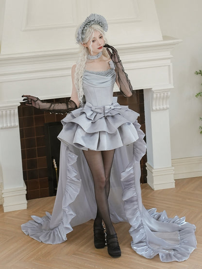 Cowl Spaghetti Kleid Elegante Taillenträger Entbeint Lolita JSK Set Voller Ausschnitt Grau