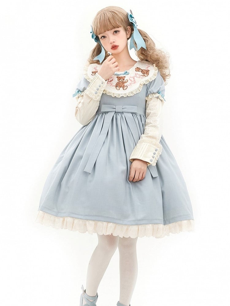 Bear Lace Trim Dresswith Teddy Embroidered Sleeves Puff Blue Neckline Lolita Sweet Mint