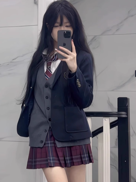 Blazer Button Preppy JK Manschetten verziert blau Stil Abzeichen Uniform dunkles Design