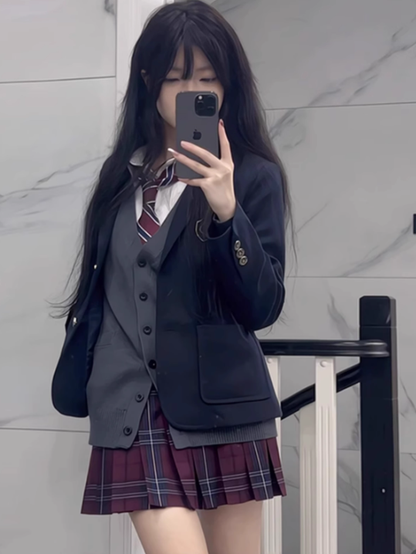 Style Cuffs Decorated Design Preppy JK Uniform Badge Button Dark Blazer Blue