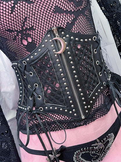 Korsettgürtel mit Schnürdetail und Halbmond-Reißverschluss, schwarz, Punk-Taille