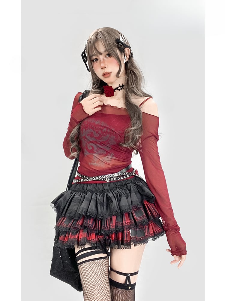 Y2K Redand ブラック チェック柄 レーストリム 太もも丈 裏地付き ティアードスカート