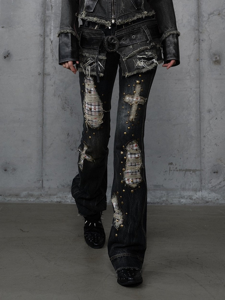 Karierte Distressed Patches Jeans Saum Punk mit ausgefranstem Black Wash Cross