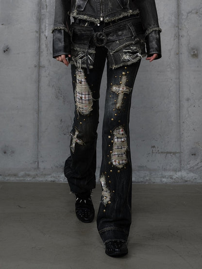 Karierte Distressed Patches Jeans Saum Punk mit ausgefranstem Black Wash Cross