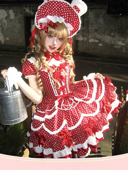 Ruffled Polka Dot Decorations Bow Dress OP Red Lolita Cute with