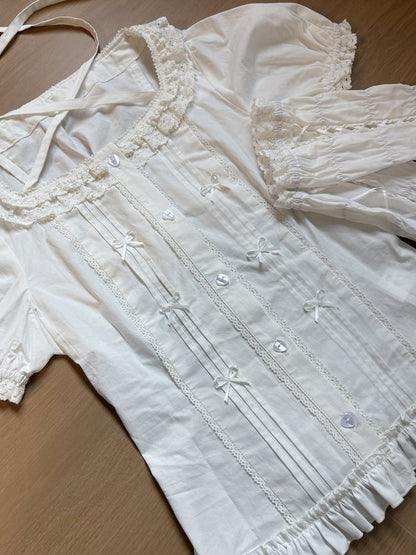 White Halter Blouse with Bow Accents and Lace Trim - Hana Studio