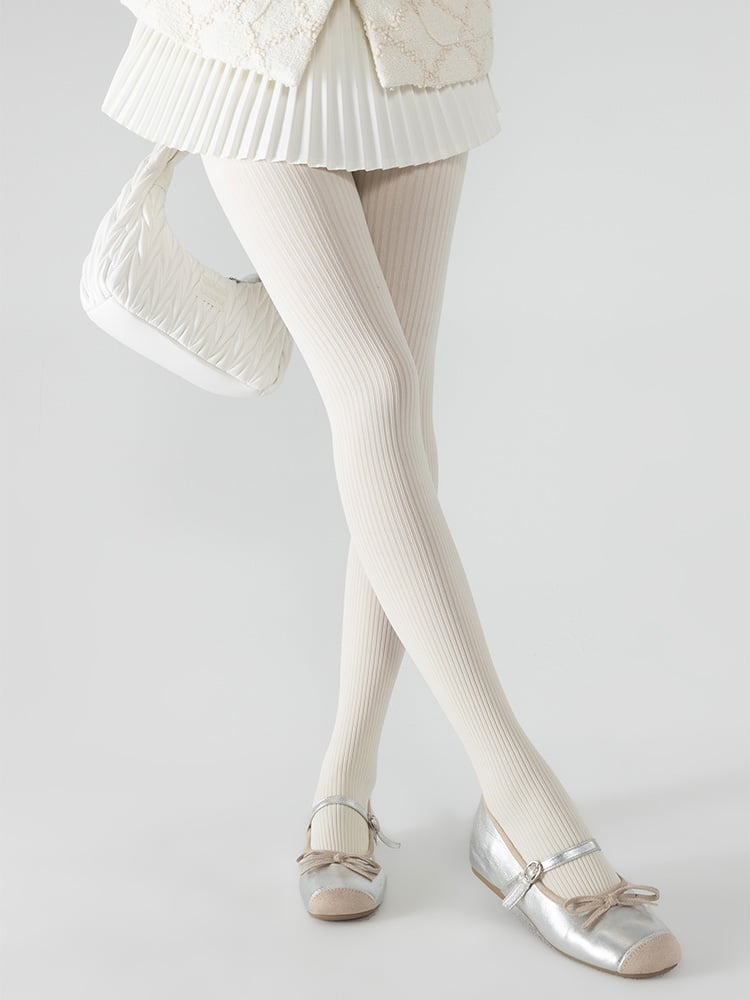 Tights Vertical Creamy Pattern Knitted White/Dark Gray Striped Slimming