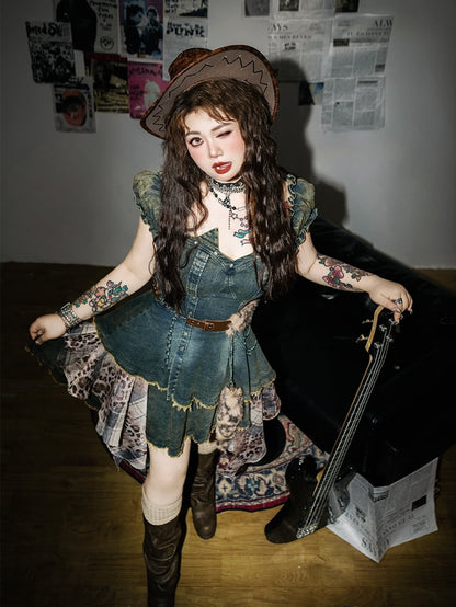 Mode mit blauen Puffärmeln Jeanskleid Leopardengürtel Patchwork Plus Size Gyaru Taille