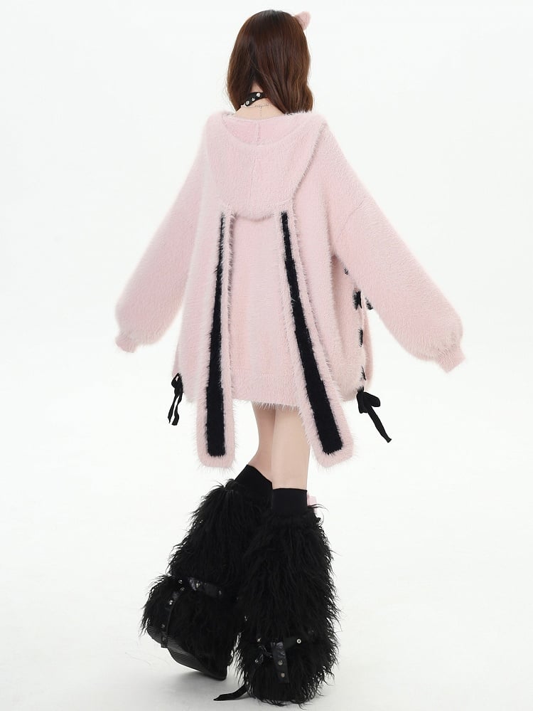 Rosafarbene Strickjacke mit Hasenohren und V-Ausschnitt und Kapuze mit Schnürdetail