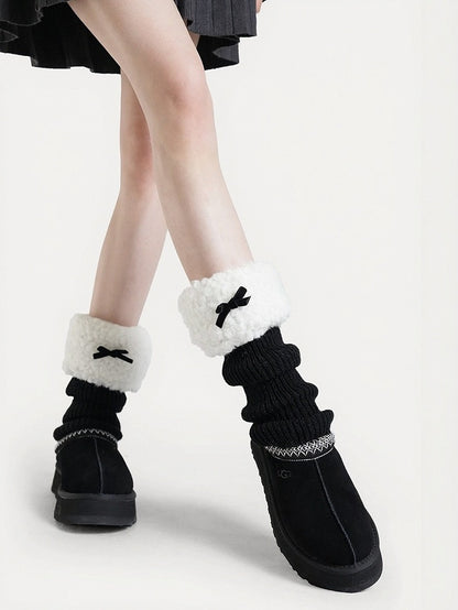 Four Colors Knit Plush Trim Leg Warmers with Bow - ModaSwings