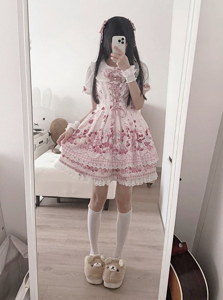 Pink Bunny and Cherry Print Short-Sleeve OP Dress with Matching Skirt - Doki Cherry