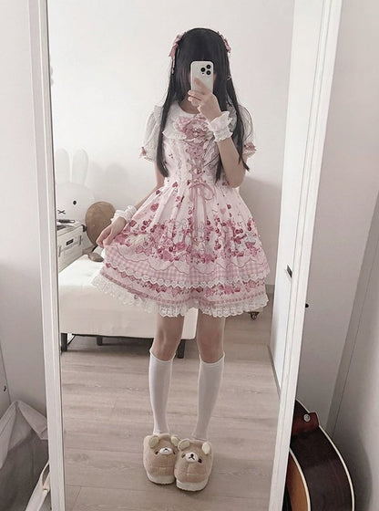 Pink Bunny and Cherry Print Short-Sleeve OP Dress with Matching Skirt - Doki Cherry