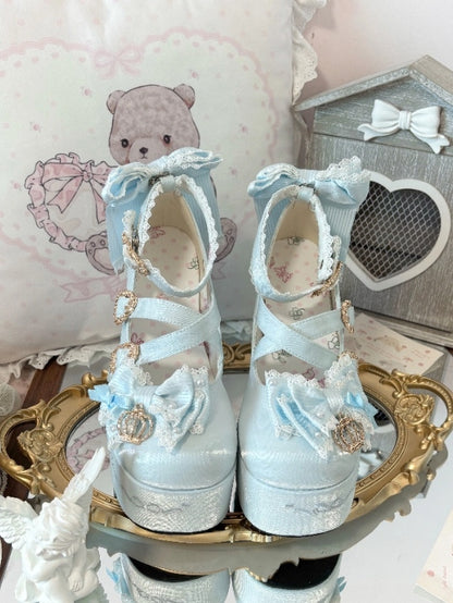 Platform Lolita Janes Satin Blue Crown Block Heel Details - High Sweet Mary