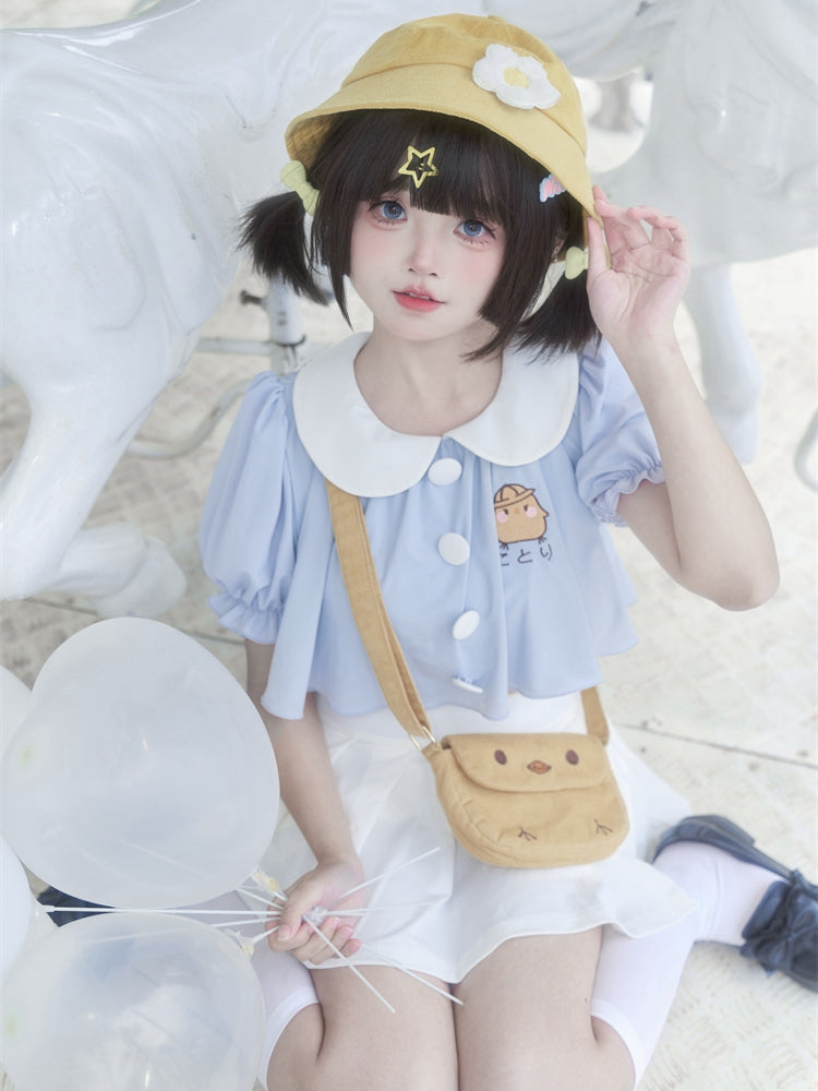 Blue Little Chicken Embroidery Peter Pan Collar Top + White Pleated Skirt Swimsuit Set