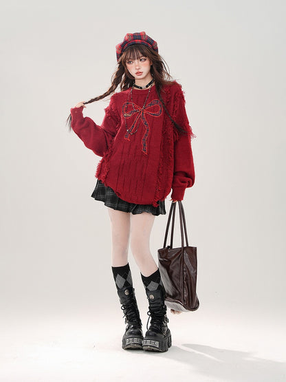 Plaid - Distressed Bittersweet Kawaii Bow Red Sweater Embroidery Hem