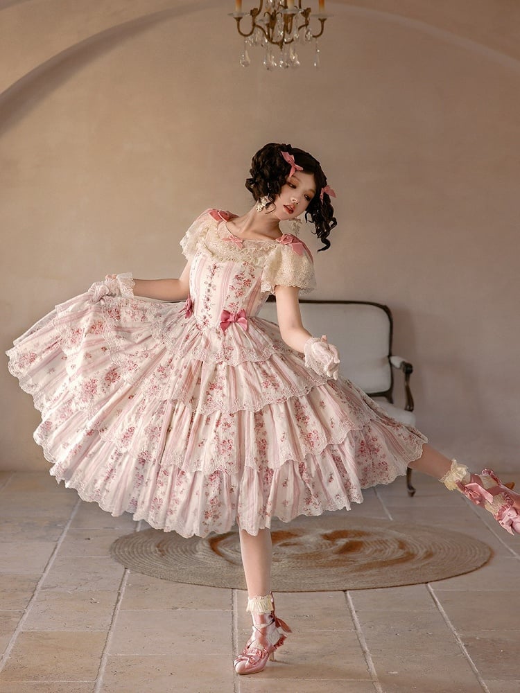 Accents Lolita PinkBeige Print Lace Stripe Bow Elegant Classic Floraland Dresswith Tiered Ruffle