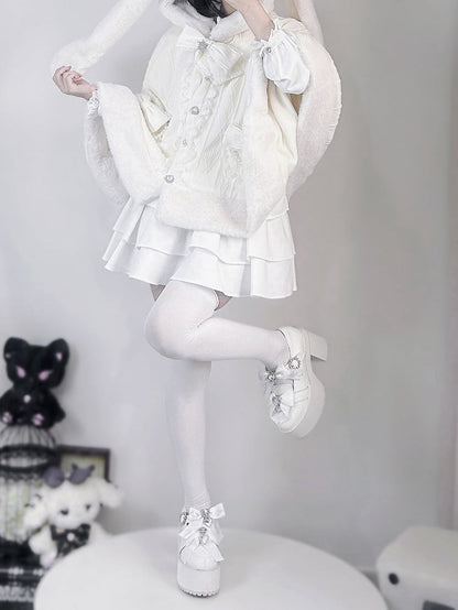 フード付きプラッシュケープデザイン ジライケイ ベージュ ウサギ耳 蝶結び 取り外し可能