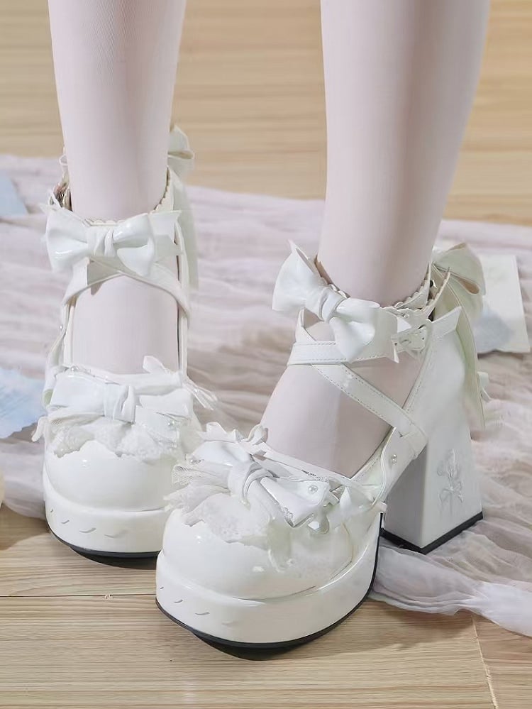 Jane with Lace PU 8cm Chime Wind Height Heel Embroidered - in Shoes Lolita White Mary Trim Sweet