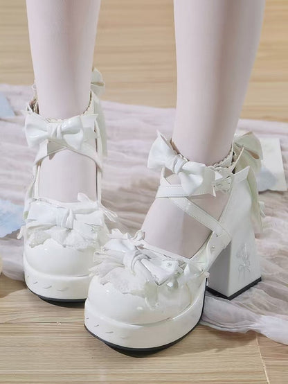 Jane with Lace PU 8cm Chime Wind Height Heel Embroidered - in Shoes Lolita White Mary Trim Sweet