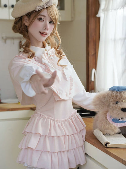 Style Two-Piece Pink Cape Ruffled Bow Jirai + Kei Design Pure Fake Dress