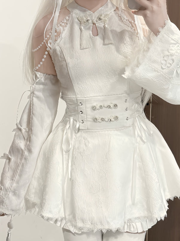 Jirai Kei White Jacquard Cheongsam with Set Detacable Collar Waist Chain+Lace-up Top Beaded Shorts