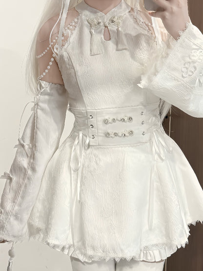 Jirai Kei White Jacquard Cheongsam with Set Detacable Collar Waist Chain+Lace-up Top Beaded Shorts