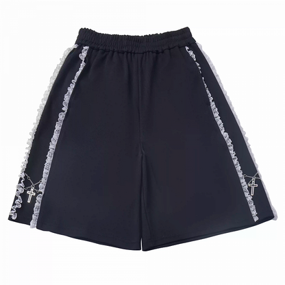 Lace Black Elastic Waist Contrast Shorts Trim Cross Charms