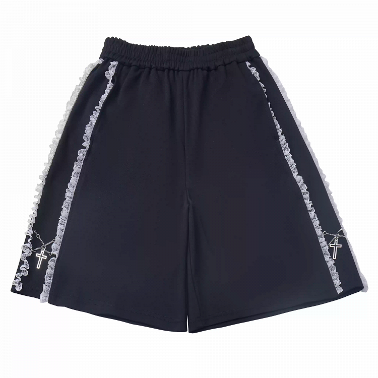 Lace Contrast Shorts Waist Trim Black Elastic Charms Cross