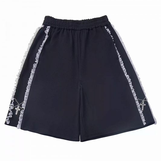Lace Contrast Shorts Waist Trim Black Elastic Charms Cross