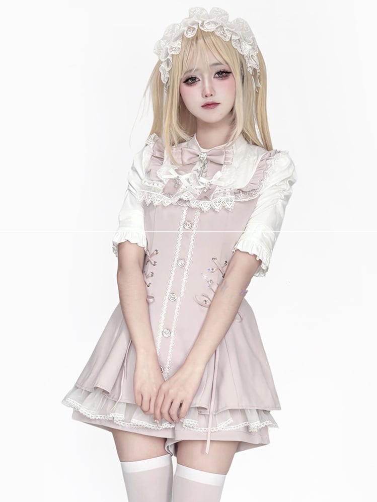 Coord Jirai Bow Bib Dress Kei Short Set: Rosa Krawatte mit Ärmel