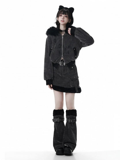 in Ears Jacket Trim Corn Faux Wolf Rib Dark Gray Texture Fur Hooded